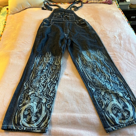 Crest Jeans Denim - Crest Jeans vintage Y2K overalls with tribal design on legs size L rare